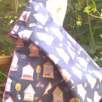 shoulder bag dark blue black with houses and trees or hippy flowers on white reversible two for one